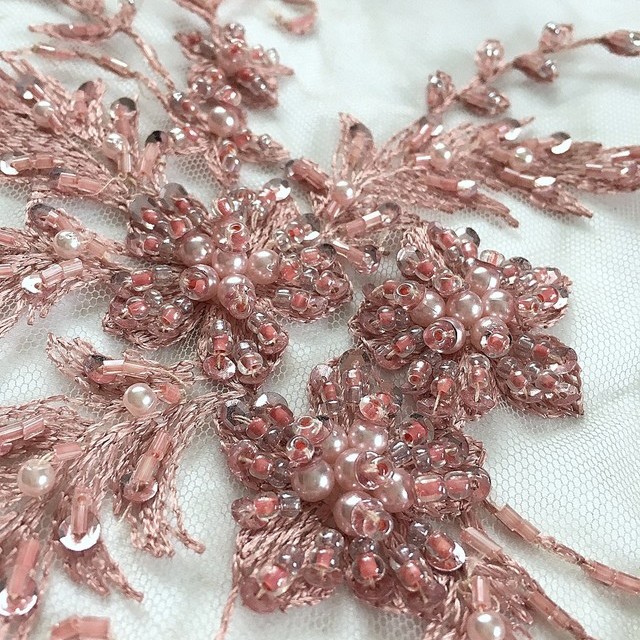 Old Rosé high quality & extraordinary lace with pearls, sequins & sticks on tulle