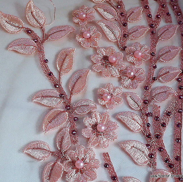 Bordüren 3D Couture Spitze mit Perlen und pinkfarbenem Straß in Rosa