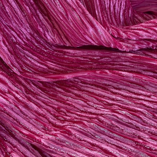 Designer stretch velvet pleated with silver lurex threads in pink