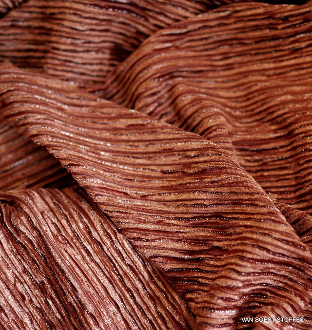 Designer stretch velvet pleated with silver lurex threads in rust red