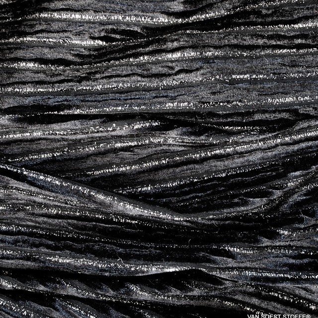 Designer stretch velvet plissee with silver lurex threads in black | View: Designer stretch velvet plissee with silver lurex threads in black