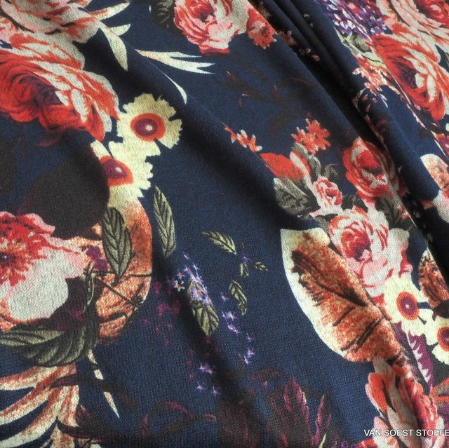 Fine Knit with Roses Printed on Navy Basic | View: Fine Knit with Roses Printed on Navy Basic