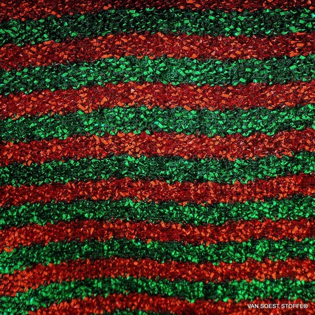 Italienischer Coccarda Stretch Maschen Glitter Streifen in Verde-Rosso - Grün-Rot.