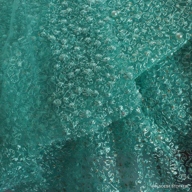 Perlen auf mikro Blümchen Stretch Glitter Tüll in Türkis