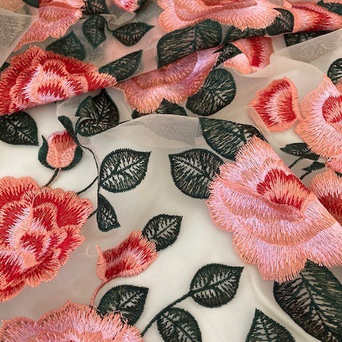 Rose & leaf embroidery in red, green, pink & red - on nude colored tulle